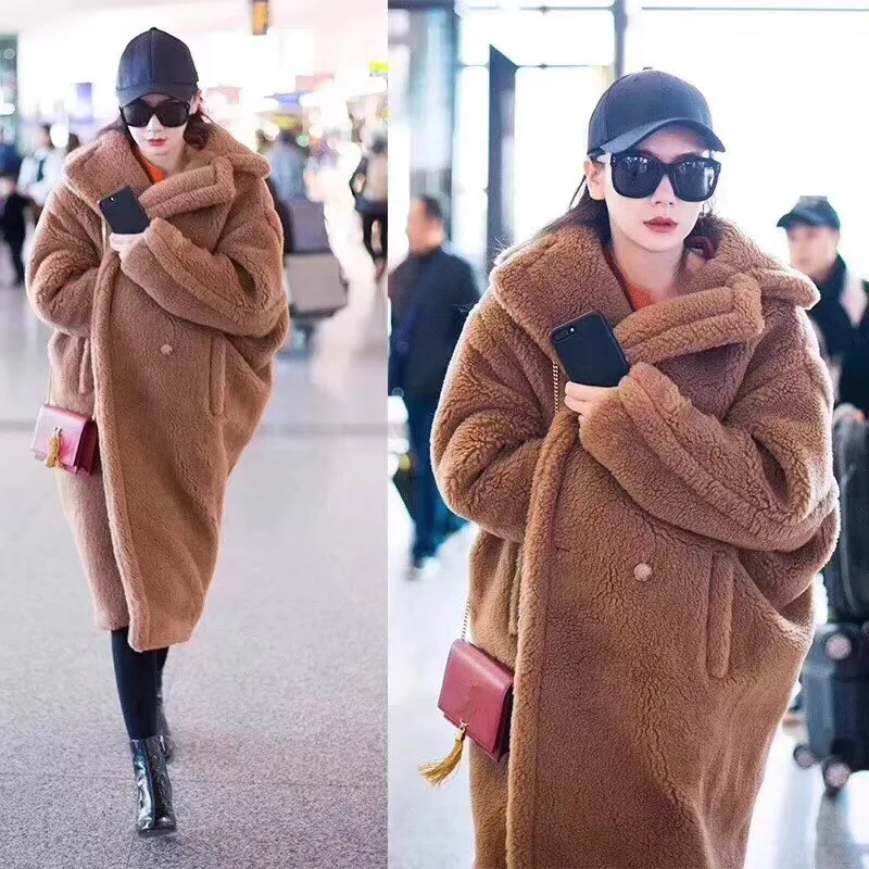 

PINK JAVA QC1848 new arrival free shipping real sheep fur coat long style wool coat camel teddy coat over size winter women coat