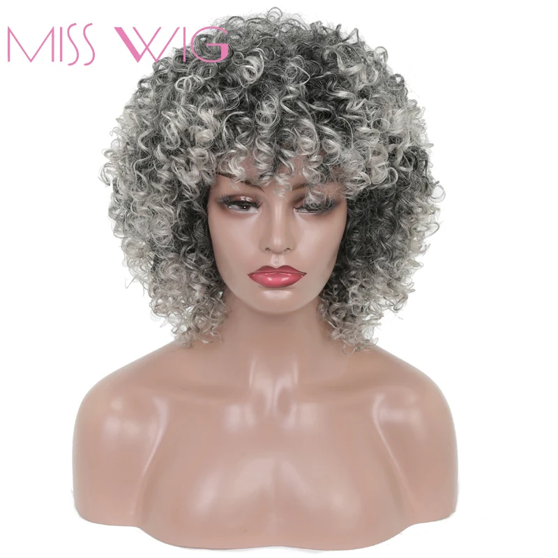 MISS WIG 16 дюймов длинные вьющиеся парики для женщин серые Смешанные черные 260 г