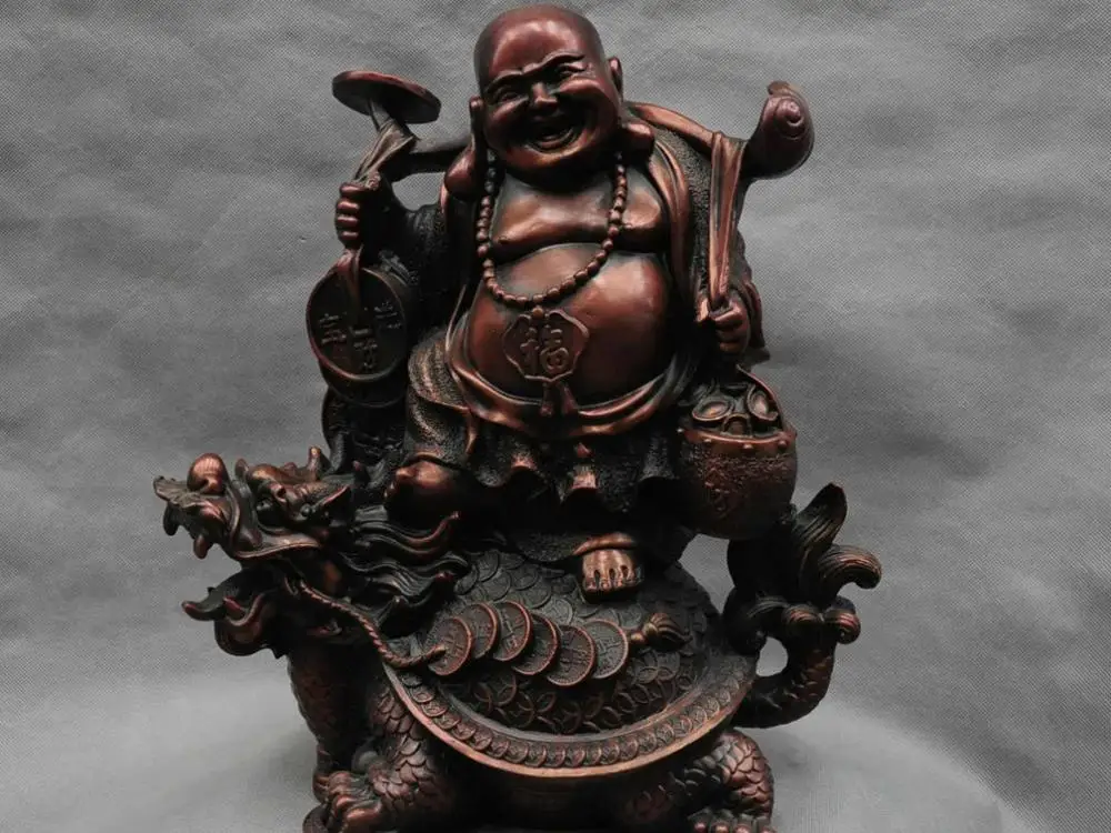 

15'' China Bronze Happy Maitreya Buddha Monk Stand Dragon Turtle Statue Figurine
