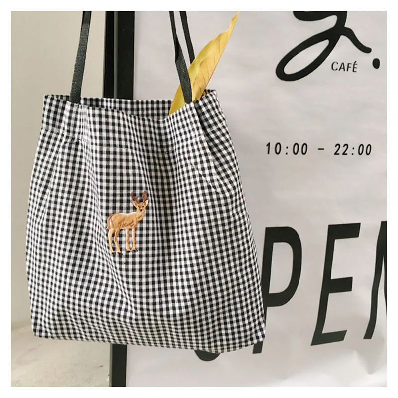 

Women Lady Casual Shoulder Bag Grid Stripe Handbag Heart/Deer Embroidery Shopping Canvas Bags WML99