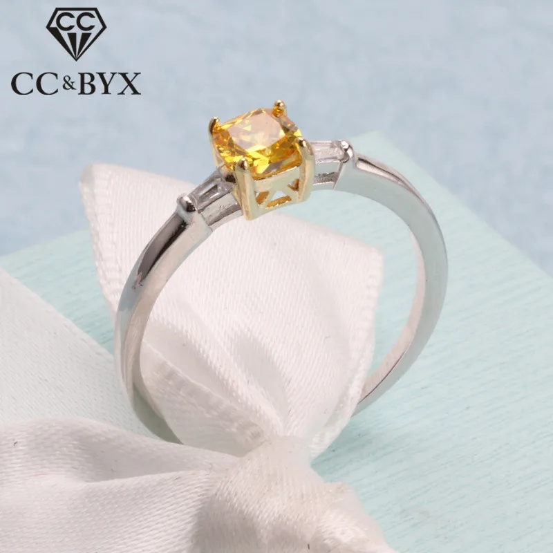 CC S925 Серебряные Простые Кольца для женщин квадратный камень желтый кубический