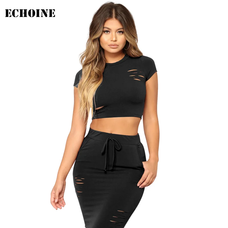 

Slim Bodycon Skirt Set 2 Piece Set Crop Top and Pencil skirt Fashion Hole Skinny Skirt Set Club Outfits racksuit clothes