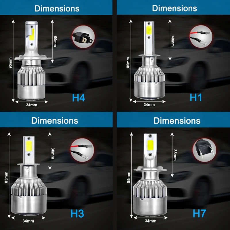 AICARKAS Светодиодные автолампы серия С6- 36W 4000LM 6000K с Чипом СОВ.Цоколь LED Лампа Н4 Ближний/Дальний свет Так Же Лампы с Цоколем H1 H3 LED H7 Светодиоды H11 880/881(Н27) 9005(HB3) 9006(HB4) 12V 24V