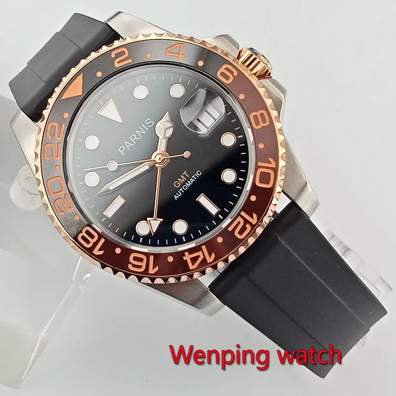 

new arrive 40mm parnis black dial GOLDEN GMT ceramic bezel sapphire glass automatic Rubber strap mens watch W2703