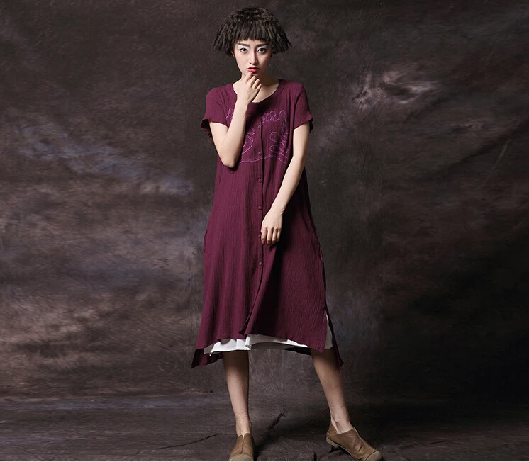 New 2016 Embroidery cotton linen vintage dress for female