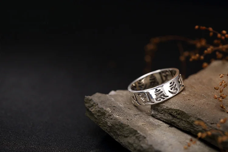 925 Sterling Silver Vintage Ring Buddhist Classic Six Character Mantra Personalized Gift Party Wedding Band