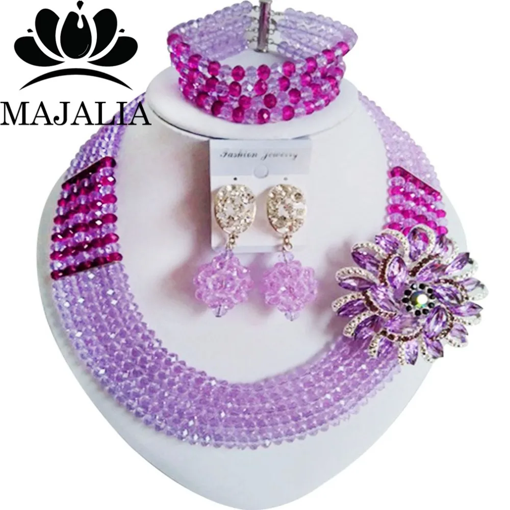 

Trendy Nigeria Wedding african beads jewelry set Lilac Crystal necklace bracelet earrings Free shipping P-2447