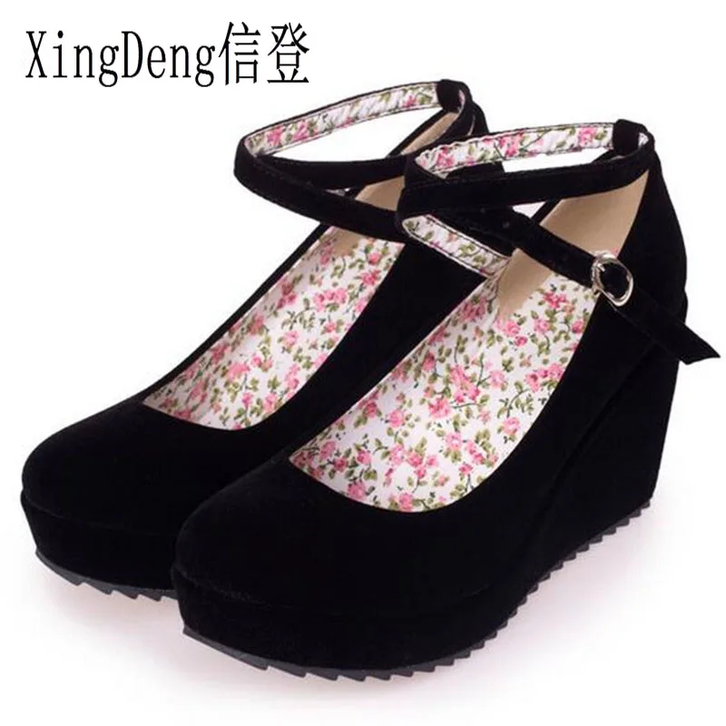 

XingDeng Ladies Suede Cross Strap Platform Wedge Pumps Size 34-39 Women Round Toe Ankle Buckle Wedding High Heel Shoes