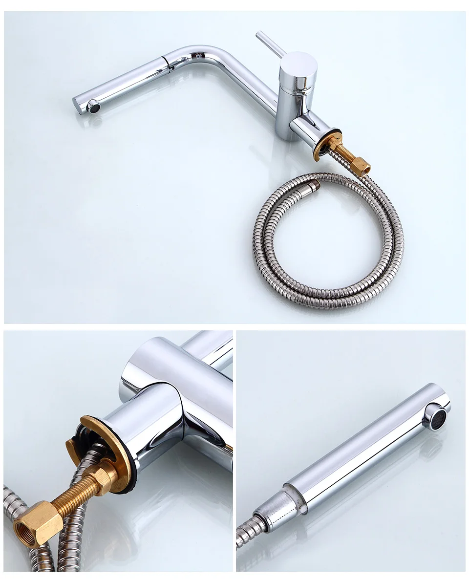 ROVATE Sink Taps Kitchen Faucet Pull out Spout Brass Chrome Single Hole Mounted Cold and Hot Mixer Rotatable Faucet