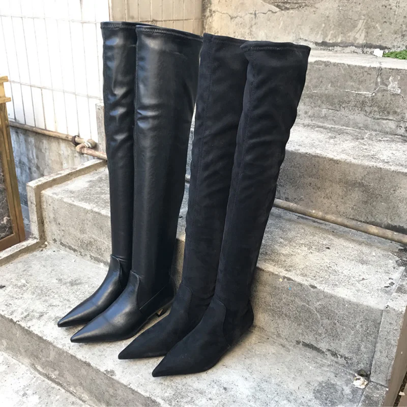 Botas largas de ante por encima de la rodilla para mujer, zapatos de tacón  bajo con punta puntiaguda, atuendo de otoño, color negro|Botas sobre la  rodilla| - AliExpress