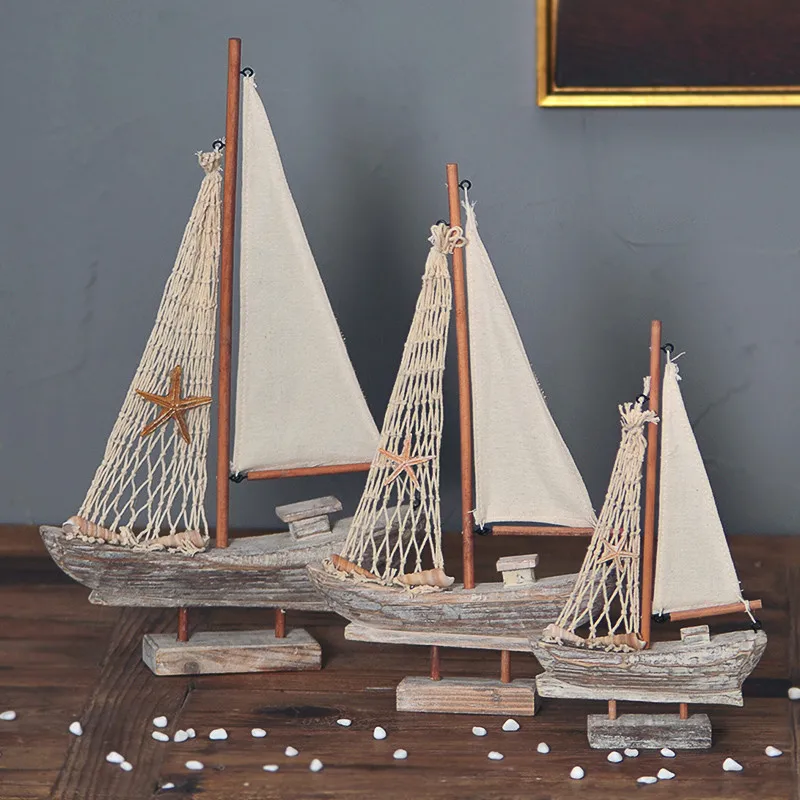 

American Mediterranean Style Wooden Sailing Ship Model Antique Imitation Boat Nautical Home Decoration Crafts