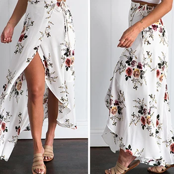

Comfortable 2017 Summer Women High Waist Lace Up Spilt Irregular Floral Printed Chiffon Bohemian Maxi Skirt