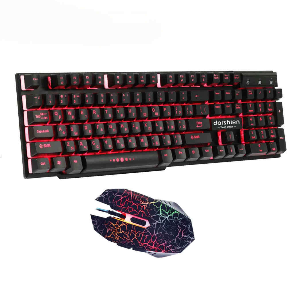

Colorful Backlit Russian/English Gaming Keyboard Led Computer Wired + Optical 6D Wired Gaming LED Crack Mouse For Desktop