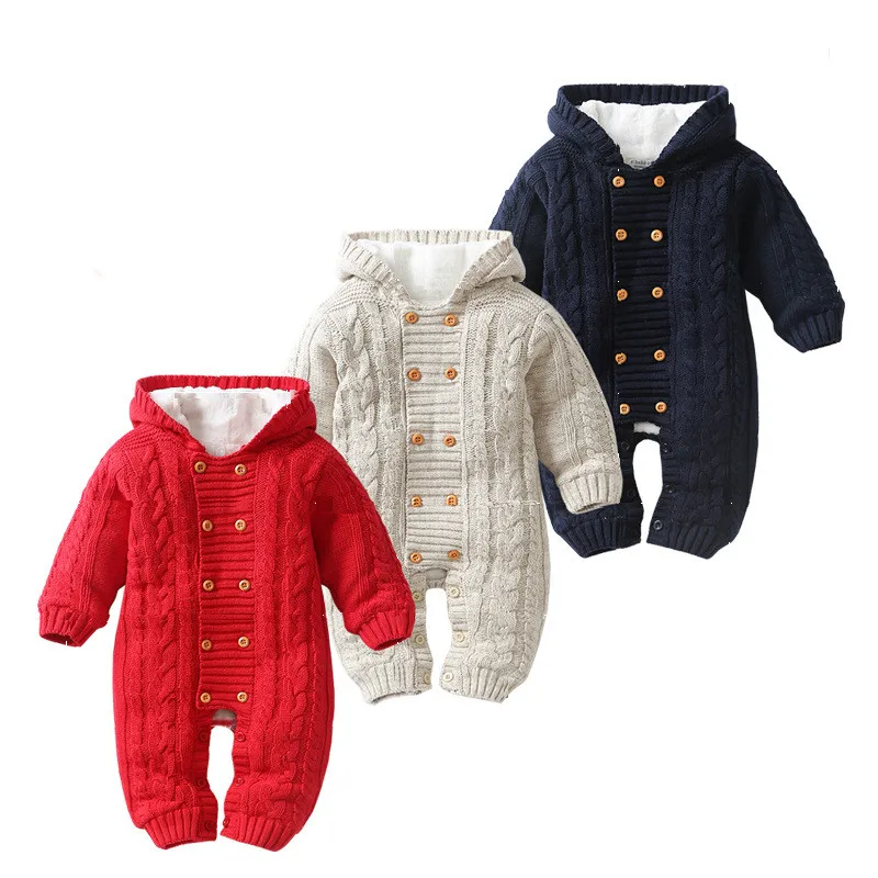 

New Baby Thick Warm Rompers Winter Infant Clothes Newborn Baby Boy Girl Knitted Sweater Jumpsuit Kid Toddler Hooded Outfit CA431