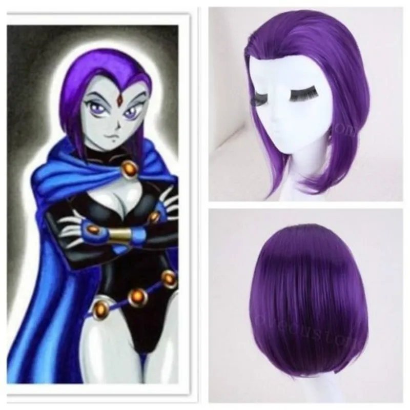 

New Anime Teen Titans Raven Cosplay Wigs Purple Short Heat Resistant Synthetic Hair Perucas Cosplay Wig For Halloween Party