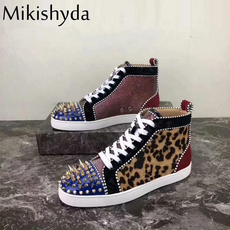 buy Mikishyda New High Top Shoes Man Mixed Color Print Lace Up Metal Decoration Street Style Hip Hop Leisure Shoes Denim SHoes Ma