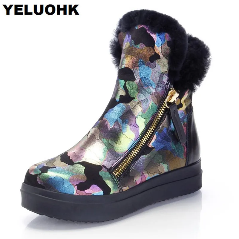 

Brand Camouflage Snow Boots Women Genuine Leather Shoes Warm Winter Boots With Fur Platform Ankle Boots For Women Plush
