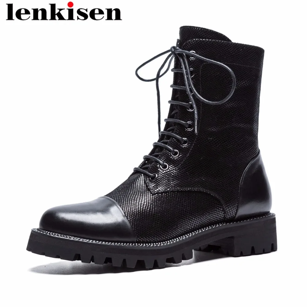 

Lenkisen rock motorcycle boots med heels solid round toe sheep leather zipper spring autumn concise brand women ankle boots L03