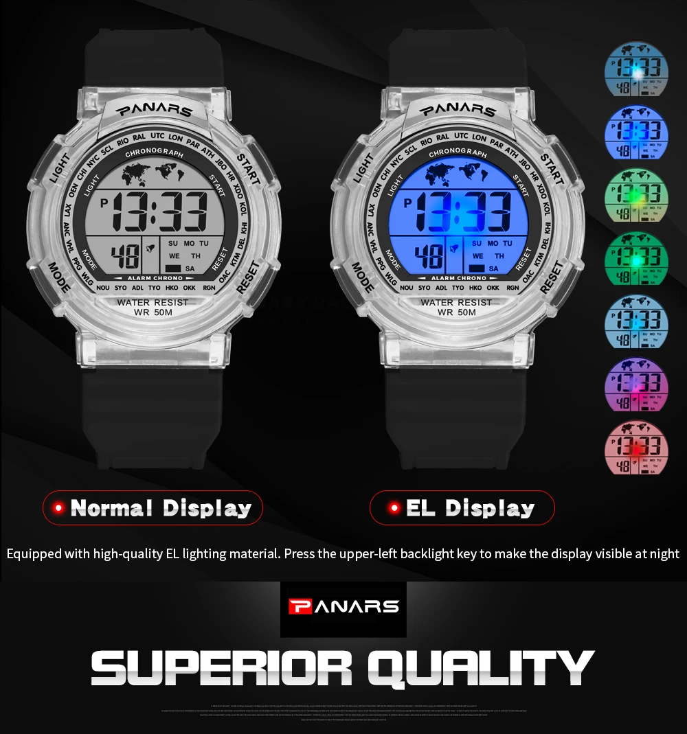 Children's Watches 50m Waterproof PANARS LED Multifunction Dual Tim Digital Kids Wrist Watches Children Watch For Boy Girl