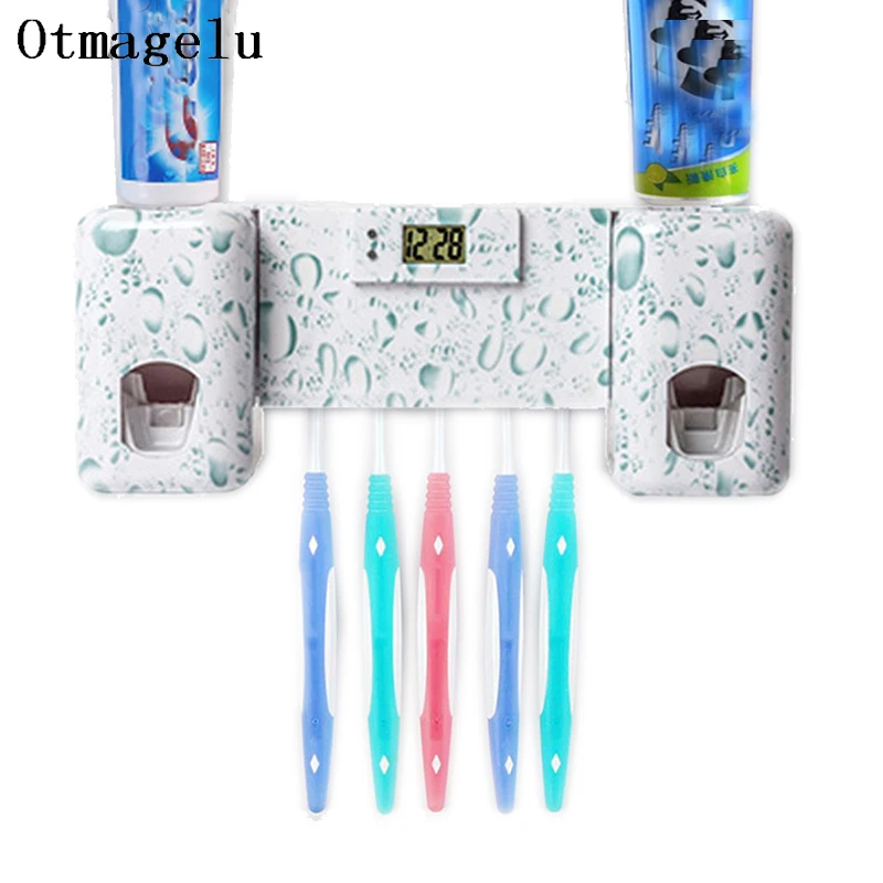 Automatic Toothpaste Dispenser Double Toothpaste Squeezer Kids with Electronic Watch Toothbrush Holder Bathroom Accessory Set