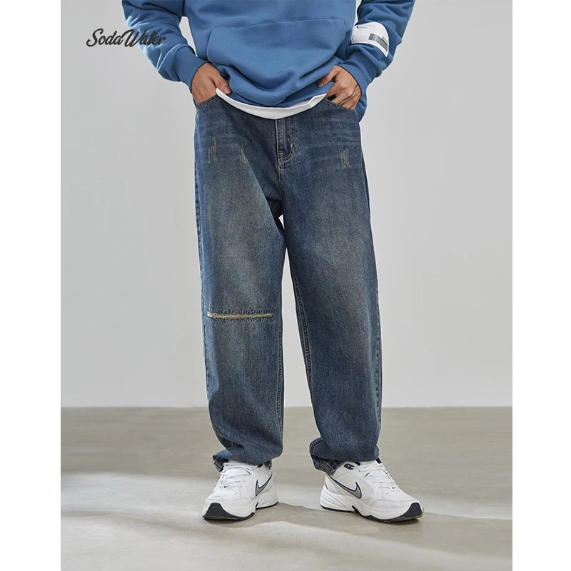 

SODA WATER Men 2019 AW New Arrival Harajuku Scratched Mens Jeans Stragiht Distressed Jeans Hip Hop Men's Jeans Trousers 93348W