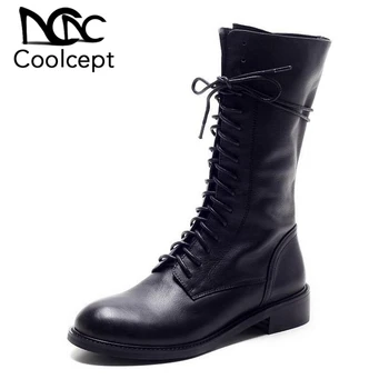 

Winter Women Boots Genuine Leather Round Toe Lace Up Half Boots Ladies Flat Botas Mujer Riding Boots Women Shoes Size 34-39