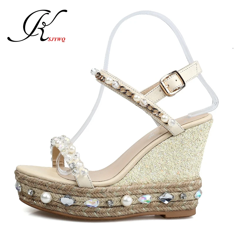 2017 Platform Sandals for Women Genuine leather Summer style Wedges 11 cm High heels Pearls decoration Pumps Box Packing 1913