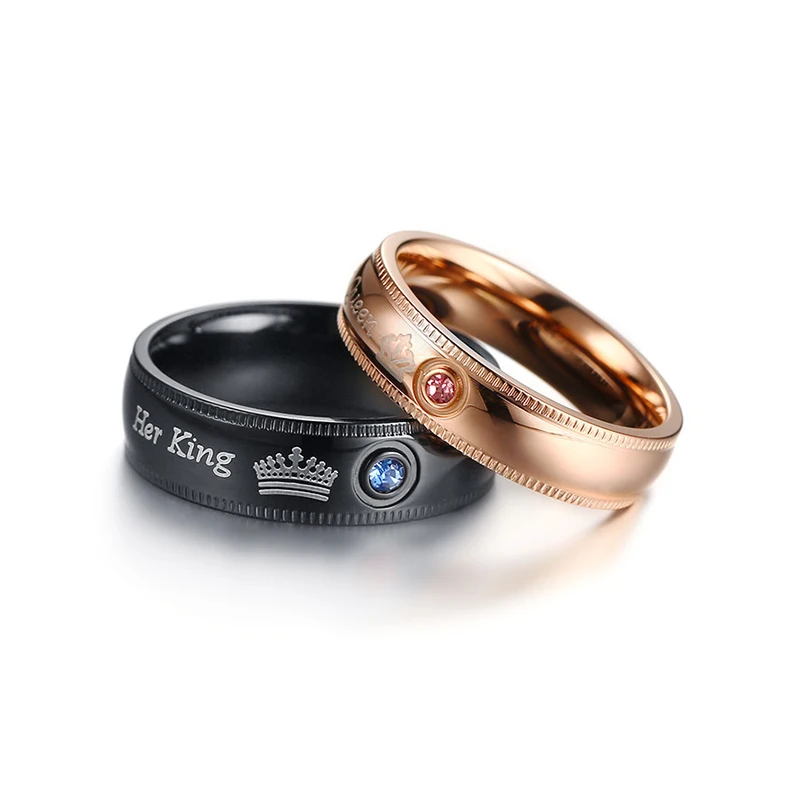 buy Free Shipping Her King Black Titanium His Queen CZ Crystal Ring Crown lovers Rings For Women Men Jewelry