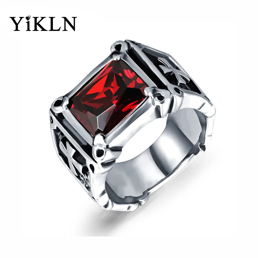

YiKLN Ethnic Stainless Steel Ring Punk Style Black Gun Plated Prong Setting Red/Black Cubic Zirconia Men's Jewelry Bague YOGJ470
