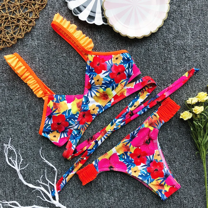 

2019 Sexy Bikini Swimwear Women Push Up Brazilian Bikini Set Biquini Swimming Suit Floral Print Vintage Retro Bandage Swimsuit