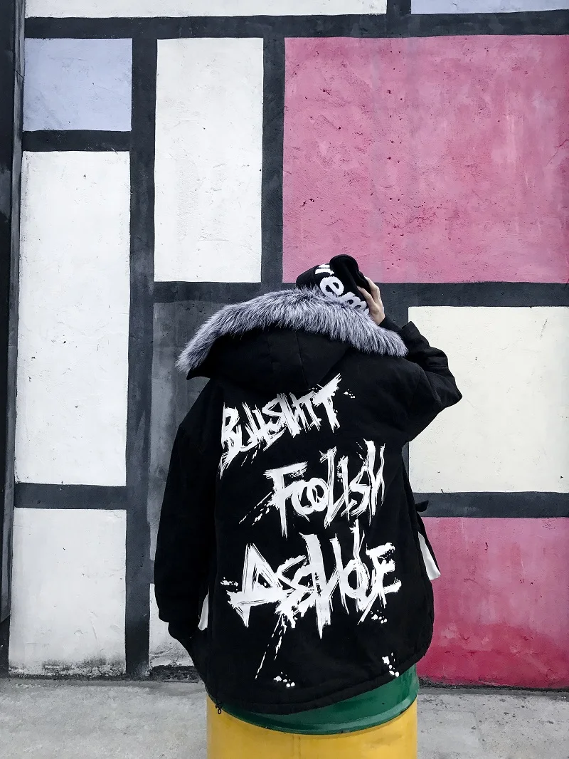 Зимняя пара tide брендовая хлопковая куртка граффити резной меховой воротник Тяжелая хлопковая одежда мужское пальто толстое пальто tide Длинные парки