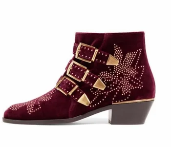 

Autumn Winter Ankle Boots for Women Gold Buklce Rivets Decoration Chunkly Heels Studded Boots Round Toe Side Zipper Ladies Shoes