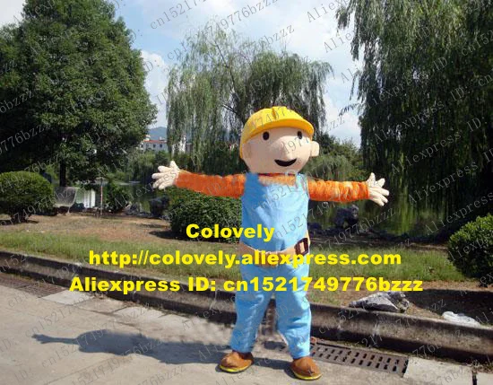 Яркий синий дизайнер Боб Строитель взрослый маскарадный костюм Mascotte с оранжевым пальто счастливое лицо № 437