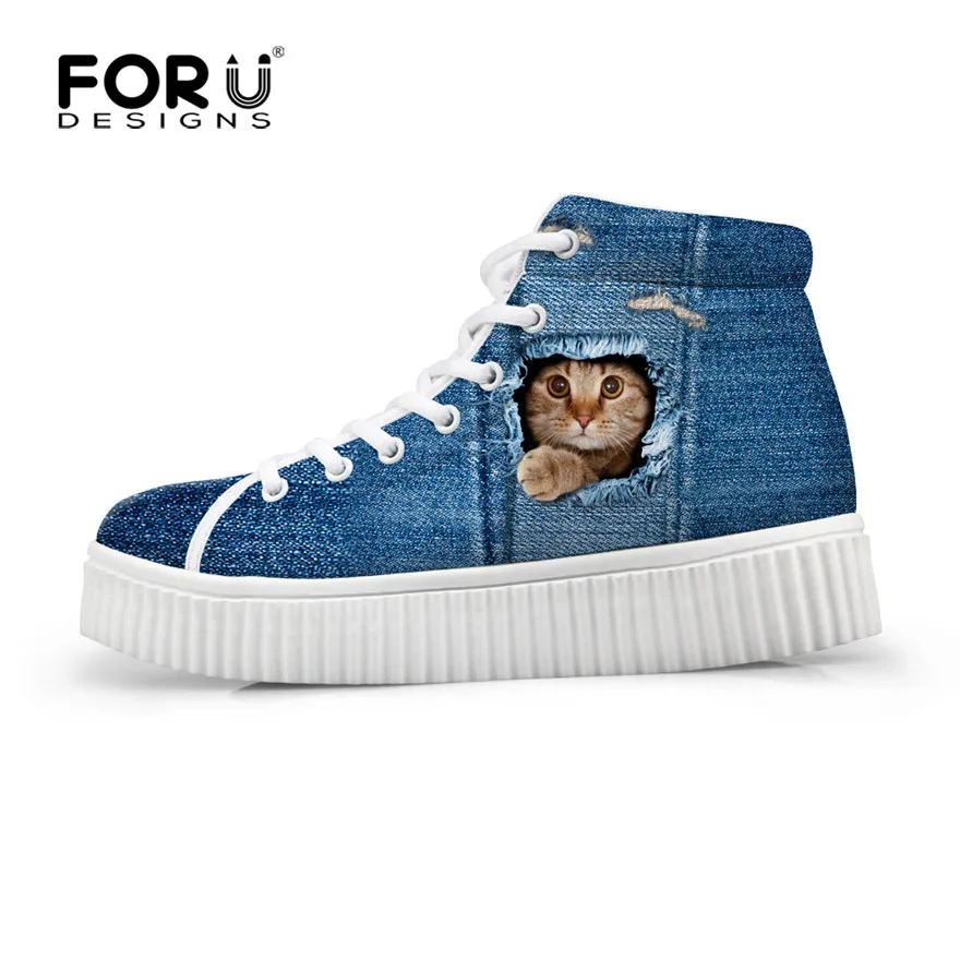FORUDESIGNS/Женская обувь на платформе с высоким берцем; сезон осень-зима; женская обувь из синей джинсовой ткани с принтом кота; повседневная обувь на шнуровке - Цвет: C3304BY