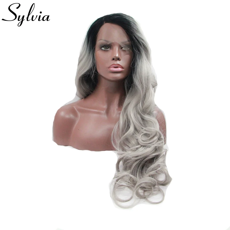 Sylvia black to grey 2t ombre body wave synthetic lace front wigs long grey wig with dark roots heat resistant fiber hair body-wave : image Sylvia black to grey 2t ombre body wave synthetic lace front wigs long grey wig with dark roots heat resistant fiber hair body-wave