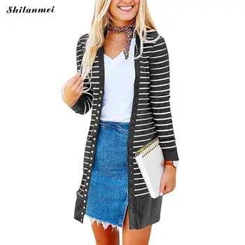 

2019 Autumn Winter Black White Stripe Knitted Sweater Women Long Sleeve Loose Knitting Cardigan Female Cardigan Pull Femme