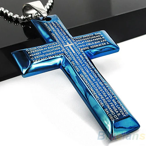 

Men's Jewelry Black Blue Spanish Letter Stainless Steel Bible Cross Pendant Chain Necklace Hot Selling