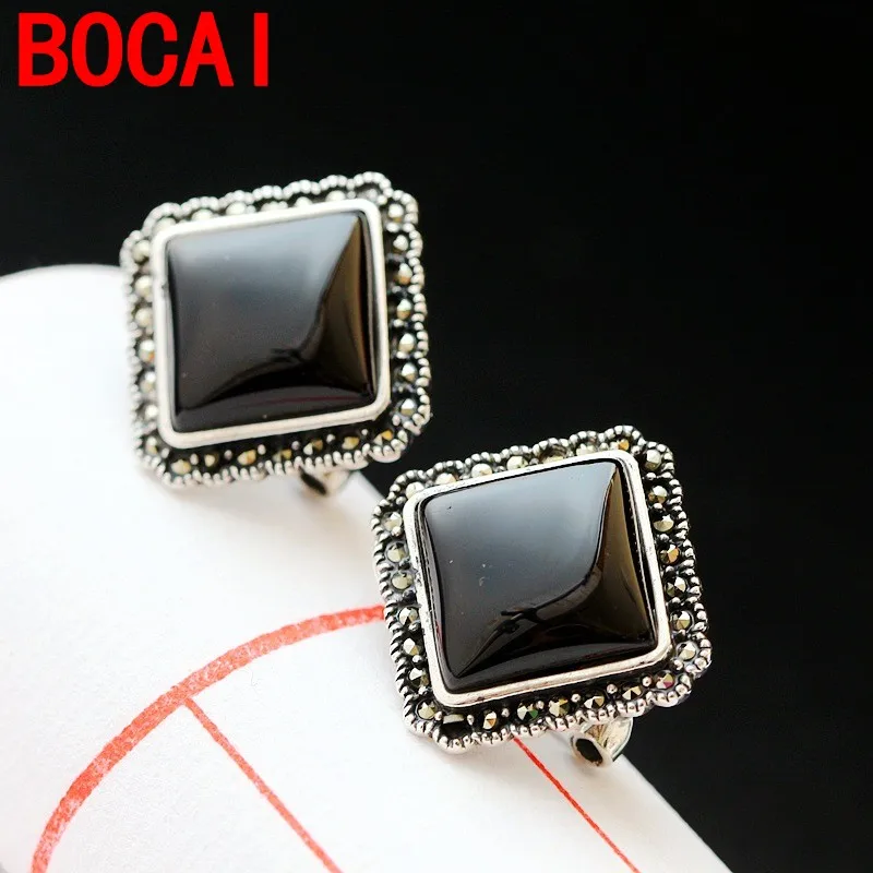 

925 Sterling Silver Set Natural Black Onyx square buckle Silver Earrings Ear anti allergy