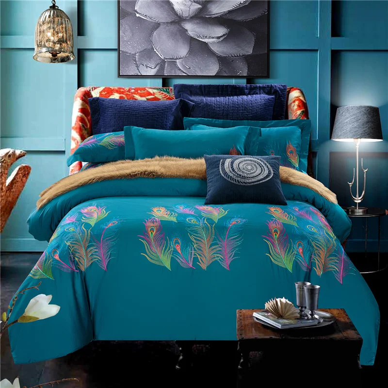 

Green Feather embroidery Egyptian cotton bedding set, King queen size bed line/bedclothes+pillowcase