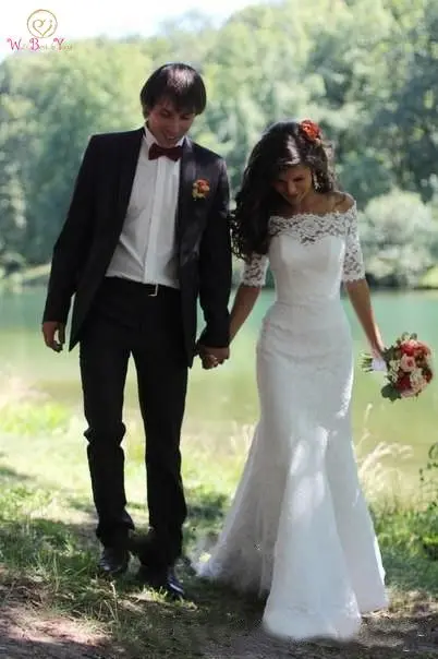 

2019 Illusion Wedding Dress White/Ivory Mermaid Off Shoulder Lace Short Sleeve Elegant Long Boho Robe Femme Formal Bridal Gown