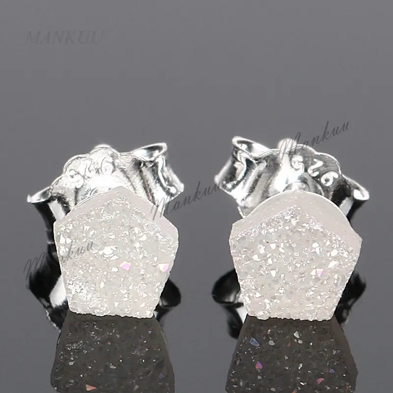 Mankuu крошечные 4 мм Серьги из натурального Друза, 925 пробы серебряные маленькие серьги-гвоздики, блестящие серьги с кристаллами пентаграммы для женщин - Окраска металла: opal