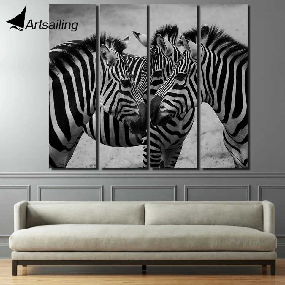 4 piece Printed zebra animal black white picture Living Room Frames