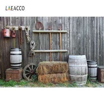 

Laeacco Rural Farm Photophone Wooden Board Barrel Haystack Wheel Photography Backdrops Photo Backgrounds Baby Portrait Photocall