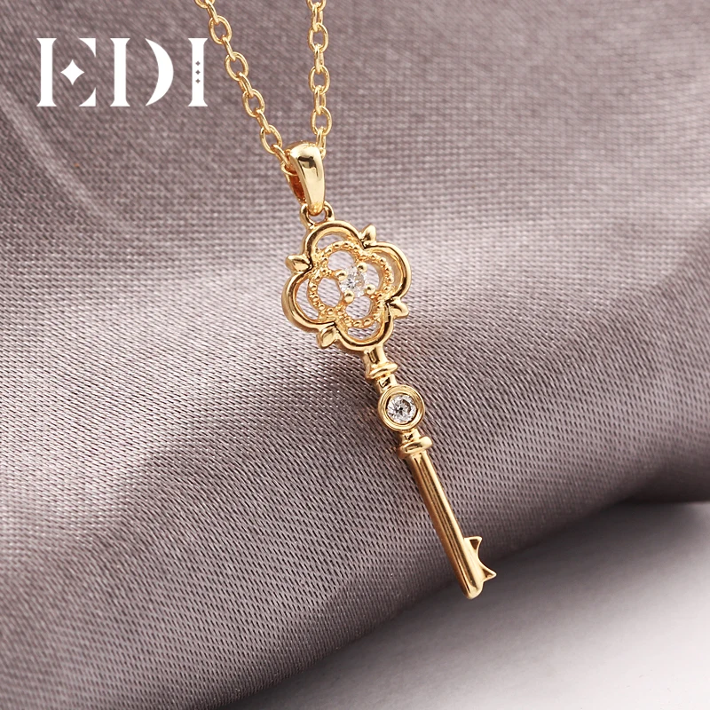 EDI Classic Clover Gold Diamond Key Pendant 9K Solid Rose Gold Real Natural Diamond Pendant Necklace Match 16' Silver Necklace