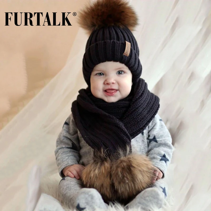 Cena FURTALK Kids age 1 10 Winter Baby Real pompon futrzany kapelusz zestaw szalików czapka dzianinowa czapki i szaliki dla dziecka