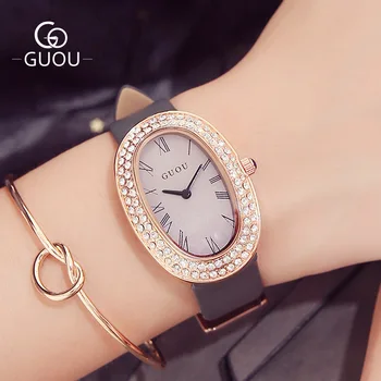 

GUOU Stylish Elliptic Dial Crystal Rhinestone Genuine Leather High Quality Japan Movt Quartz Woman Wrist Watch Wristwatches 8067