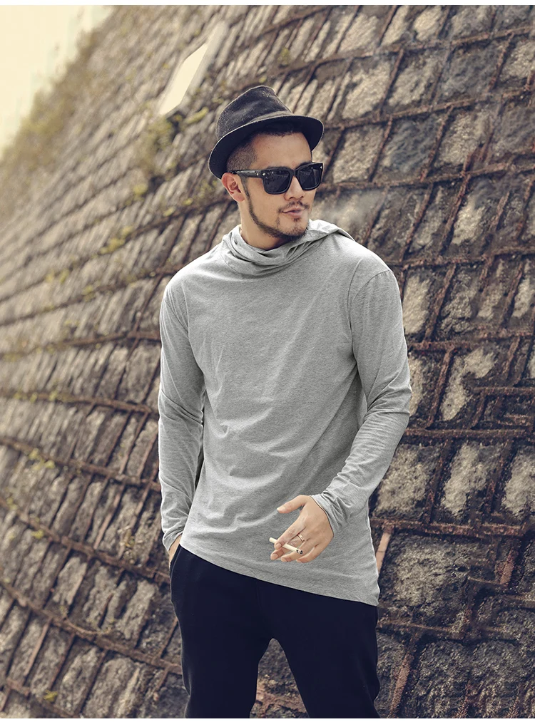 Men Autumn New European Style High Collar Long Sleeve Hooded T-shirt with Cap Men Slim Casual Cotton Irregular T-shirt T908 HTB1l.27XELrK1Rjy0Fjq6zYXFXak - Men Autumn New European Style High Collar Long Sleeve Hooded T-shirt with Cap Men Slim Casual Cotton Irregular T-shirt T908