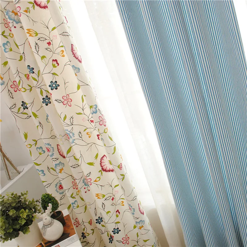 Home Decoration Mediterranean Style Cotton+Linen Blackout Curtains Blue Stripe for Living Room
