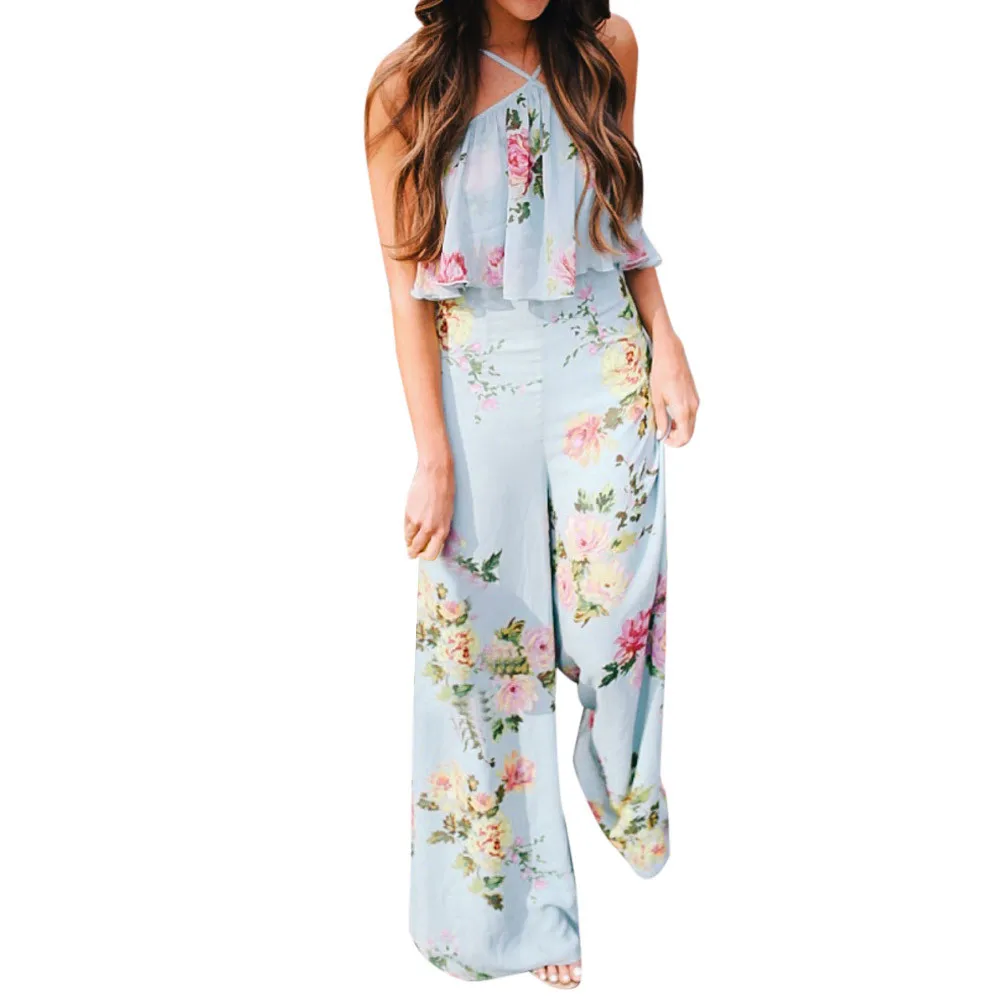 

Free Ostrich Women Summer Sexy Jumpsuit Long Slim Spaghetti Strap Backless Romper Ankle Length Female Floral Club D1635