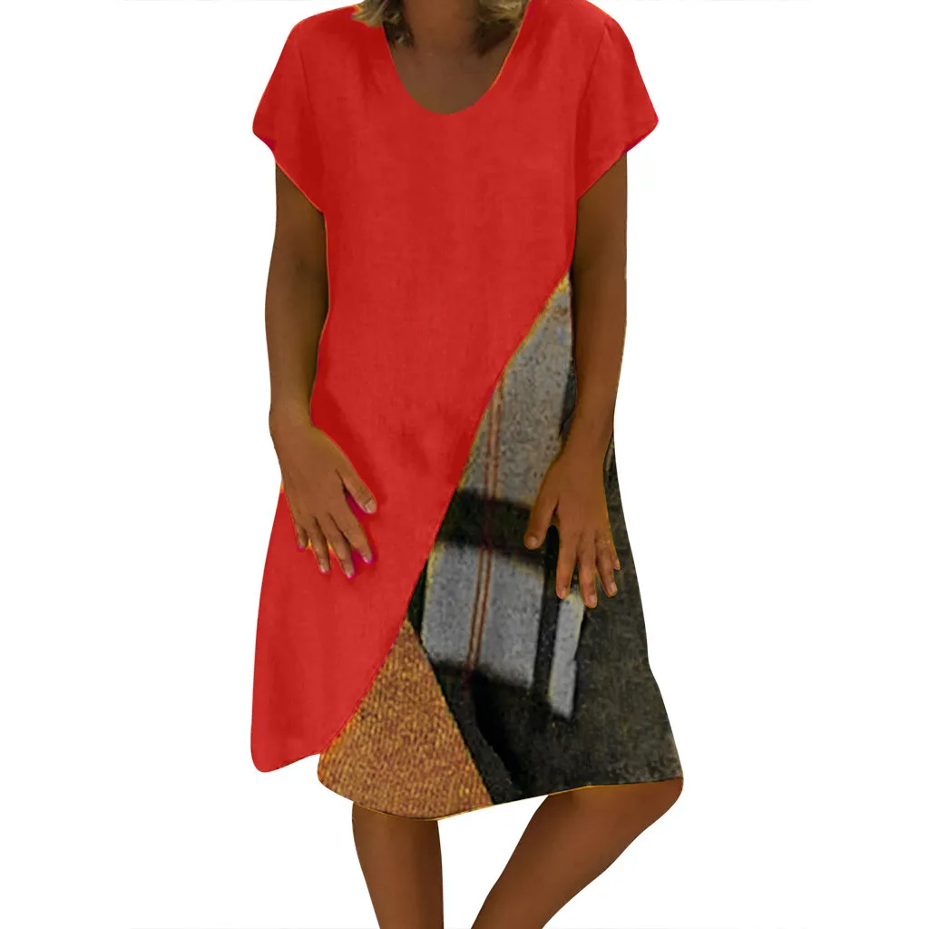 

JAYCOSIN Summer Dress Plus Size Short Sleeve Women's Large Size Loose Short Sleeve V-neck Print Casual Knee-Length Dress Vestido